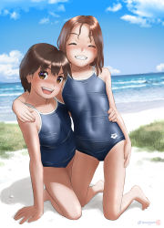 Rule 34 | 2girls, arena (company), barefoot, beach, blue one-piece swimsuit, blue sky, blurry, breasts, brown eyes, brown hair, cloud, commentary request, competition school swimsuit, covered navel, day, depth of field, facing viewer, full body, grass, grin, hand on another&#039;s shoulder, highres, kneeling, logo, looking at viewer, mu-pyon, multiple girls, one-piece swimsuit, original, outdoors, school swimsuit, short hair, sky, small breasts, smile, swimsuit, tan, tanline