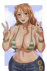 Rule 34 | 1girl, :d, artist name, bikini, bikini top only, bikini under clothes, blush, border, bracelet, breasts, cleavage, collarbone, curvy, denim, double v, earrings, eyewear on head, green nails, gud0c, highres, jewelry, large breasts, long hair, looking at viewer, nami (one piece), nami (one piece) (post-timeskip), navel, one piece, open mouth, orange eyes, orange hair, pants, shiny skin, shoulder tattoo, sky, smile, solo, sunglasses, sunglasses on head, sweat, swimsuit, tattoo, teeth, upper body, v, very long hair, wet, white border, wide hips