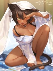 Rule 34 | 1girl, animal ears, bare legs, barefoot, bell, black camisole, breasts, brown hair, camisole, cat ears, cat girl, cat tail, cat teaser, cleavage, collar, commission, dark-skinned female, dark skin, hair between eyes, highres, hijiki (deriku4), knee up, large breasts, looking at viewer, neck bell, nima (niru54), off-shoulder shirt, off shoulder, one eye closed, open mouth, original, paw pose, second-party source, shirt, short hair, sitting, solo, tail, tongue, tongue out, under covers, white shirt, yellow eyes