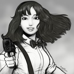 Rule 34 | 1girl, :d, aiming, aiming at viewer, album cover redraw, bow, bowtie, collared shirt, derivative work, floating hair, franktonius, grey background, greyscale, gun, holding, holding gun, holding weapon, looking at viewer, medium hair, meme, monochrome, open mouth, parody, real life, shirt, signature, smile, solo, suspenders, sweetest music, takeuchi mariya, weapon, wing collar