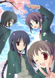 Rule 34 | 4girls, cherry blossoms, joukyou kaishi!, multiple girls, petals, school uniform, serafuku, v