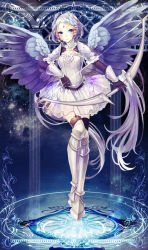 Rule 34 | 1girl, armor, black gloves, blue eyes, bow (weapon), forehead jewel, gloves, hand on own hip, hip focus, long hair, pixiv fantasia, pixiv fantasia 5, ponytail, silver hair, smile, solo, suguri (neroli), very long hair, weapon, wings