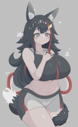 Rule 34 | 1girl, :&lt;, @ @, absurdres, alternate costume, animal ear fluff, animal ears, bare shoulders, black hair, black shorts, black tank top, blush, breasts, commentary, crop top, curvy, double-parted bangs, english commentary, flipped hair, gabai, grey background, grey eyes, grey hair, hair ornament, hairclip, hand on own chest, heart, highres, hololive, huge breasts, kouhaku nawa, long hair, midriff, mixed-language commentary, multicolored clothes, multicolored hair, multicolored shorts, navel, necktie, ookami mio, red hair, red necktie, red shorts, rope, sailor collar, shimenawa, shorts, sidelocks, solo, steam, steaming body, stomach, streaked hair, tail, tail around own leg, tail wrap, tank top, variant set, virtual youtuber, white shorts, wide hips, wolf ears, wolf girl, wolf tail
