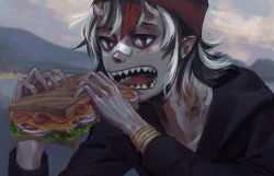 Rule 34 | 1girl, alternate costume, armband, bandaid, bandaid on face, bandaid on nose, beanie, blurry, blurry background, bread, casual, cheese, eating, erty113, food, hair between eyes, ham, hat, highres, holding, holding food, kijin seija, lettuce, long sleeves, multicolored hair, nail polish, onion, open mouth, outdoors, red eyes, red hair, red nails, sandwich, sharp teeth, short hair, silver hair, solo, teeth, touhou