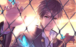 Rule 34 | 1boy, 1girl, blurry, brown eyes, brown hair, bug, butterfly, chain-link fence, depth of field, fence, gakuran, gensou satisfaction (vocaloid), grand piano, highres, bug, instrument, lens flare, looking at viewer, male focus, nidy, original, piano, school uniform, twilight, vocaloid