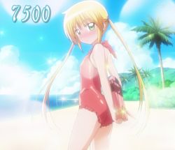 Rule 34 | ass, blonde hair, blush, flat chest, green eyes, hayate no gotoku!, long hair, looking back, one-piece swimsuit, sanzen&#039;in nagi, screencap, solo, stitched, swimsuit, third-party edit, twintails