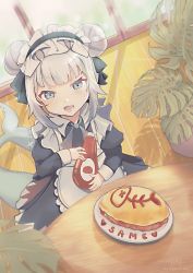 Rule 34 | 1girl, absurdres, alternate costume, apron, black dress, blue eyes, dress, enmaided, fins, fish tail, food, frilled hairband, frills, gawr gura, hairband, highres, hololive, hololive english, indoors, ketchup, ketchup bottle, long sleeves, looking at viewer, maid, maid apron, maid headdress, medium hair, omelet, omurice, open mouth, plant, potted plant, shark tail, solo, table, tail, tatsugayaminagi, virtual youtuber, white hair