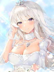 Rule 34 | 1girl, absurdres, azur lane, bare shoulders, bouquet, breasts, bridal veil, bride, cleavage, crown, detached sleeves, dress, enterprise (azur lane), enterprise (starlight oath) (azur lane), flower, futon fly away, highres, holding, holding bouquet, large breasts, long hair, looking at viewer, medallion, mini crown, official alternate costume, rose, silver collar, solo, upper body, veil, wedding dress, white dress, white flower, white hair, white rose