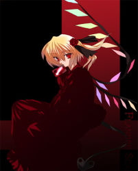Rule 34 | 1girl, blonde hair, card, female focus, flandre scarlet, flower, mouth hold, red flower, red rose, rose, short hair, solo, touhou, wings