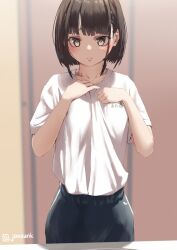 Rule 34 | 1girl, blurry, blurry background, blush, brown eyes, brown hair, closed mouth, clothes writing, commentary request, jonsun, looking at viewer, misaki (jonsun), original, shirt, short hair, short sleeves, solo, t-shirt, twitter username, white shirt