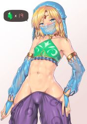 Rule 34 | 1boy, abs, alternate costume, blonde hair, blue nails, blush, bridal gauntlets, bulge, clothes pull, covered erect nipples, crossdressing, detached sleeves, gerudo set (zelda), groin, link, looking at viewer, male focus, mouth veil, nagase haruhito, nail polish, navel, nintendo, pants, pants pull, pointy ears, smile, solo, stomach, the legend of zelda, the legend of zelda: breath of the wild, toned, toned male, trap, undressing, veil