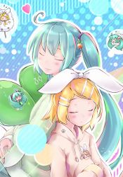 Rule 34 | akino coto, animal costume, blonde hair, blue hair, rabbit hair ornament, chibi, closed mouth, commentary request, dreaming, closed eyes, green jacket, hair ornament, hatsune miku, jacket, kagamine rin, hugging object, pink jacket, sheep, sheep costume, sleeping, sleeping on person, sleeping upright, spring onion, stuffed toy, twintails, vocaloid