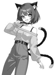 Rule 34 | 1girl, alternate costume, animal ears, belt, cat ears, cat tail, chen, fang, greyscale, long sleeves, monochrome, multiple tails, off-shoulder sweater, off shoulder, onkn sxkn, open mouth, pants, short hair, simple background, smile, solo, sweater, tail, touhou, two tails, white background
