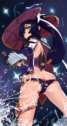 Rule 34 | 1girl, aqua eyes, ass, back, black hair, blush, book, breasts, butt crack, cape, elbow gloves, frown, genshin impact, gloves, hat, highres, hydrokinesis, long hair, looking at viewer, medium breasts, mona (genshin impact), solo, some1else45, twintails, water, witch hat
