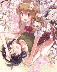 Rule 34 | 2girls, age difference, bad id, bad pixiv id, black hair, blush, bow, bowtie, brown hair, cherry blossoms, cover, embarrassed, flower, glasses, green eyes, hachi kou, holding hands, incest, interlocked fingers, itou hachi, long hair, lying, multiple girls, on back, onee-loli, original, outdoors, plaid, plaid skirt, pleated skirt, purple eyes, sayuri-san no imouto wa tenshi, school uniform, short hair, short sleeves, siblings, sisters, skirt, smile, vest, wings, yuri