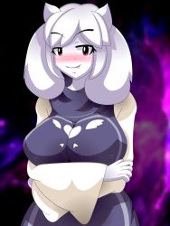 Rule 34 | 1girl, animal ears, blush, breast hold, breasts, colored skin, fang, furry, goat, heart, large breasts, looking at viewer, mairusu-paua, mature female, smile, toriel, undertale, white skin