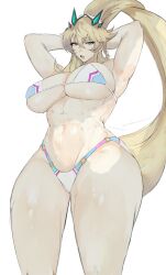Rule 34 | 1girl, abs, armpits, arms behind head, arms up, bare shoulders, barghest (fate), barghest (swimsuit archer) (fate), barghest (swimsuit archer) (final ascension) (fate), biceps, bikini, blonde hair, breasts, cleavage, collarbone, fate/grand order, fate (series), green eyes, high ponytail, highres, horns, large breasts, long hair, looking at viewer, memory342, multicolored bikini, multicolored clothes, muscular, muscular female, navel, open mouth, solo, swimsuit, thick thighs, thighs, white bikini
