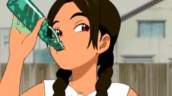 Rule 34 | 00s, 1girl, abenobashi mahou shoutengai, animated, animated gif, asahina arumi, black hair, bottle, braid, burp, child, drinking, fence, hair over shoulder, looking to the side, lowres, outdoors, red eyes, sleeveless, solo, tagme, twin braids, upper body, water, water bottle, wooden fence
