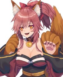 Rule 34 | 1girl, animal ear fluff, animal ears, animal hands, artist request, bad id, bad pixiv id, bell, blush, breasts, cat paws, cleavage, collarbone, fangs, fate/grand order, fate (series), fox ears, fox girl, fox tail, gloves, hair ribbon, jingle bell, large breasts, long hair, looking at viewer, neck bell, open mouth, paw gloves, pink hair, ponytail, red ribbon, ribbon, simple background, solo, tail, tamamo (fate), tamamo cat (fate), tamamo cat (first ascension) (fate), white background, yellow eyes