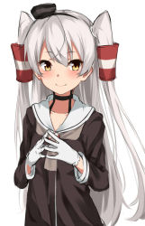 Rule 34 | 1girl, amatsukaze (kancolle), black choker, black hairband, blush, brown dress, brown eyes, brown neckwear, choker, closed mouth, collarbone, commentary request, dress, gloves, hair between eyes, hair tubes, hairband, hands up, highres, kantai collection, kohakope, lifebuoy, long hair, looking at viewer, sailor collar, sailor dress, silver hair, simple background, smile, smokestack, solo, steepled fingers, swim ring, tilted headwear, two side up, upper body, very long hair, white background, white gloves, white sailor collar