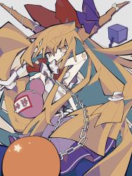 Rule 34 | 1girl, bandage on face, bandages, bandaid, bandaid on arm, belt, blonde hair, bow, chain, commentary, cowboy shot, cube, gourd, hair bow, hatsushiro mamimu, highres, horn ornament, horn ribbon, horns, ibuki suika, long hair, looking at viewer, orb, purple ribbon, purple skirt, red bow, ribbon, shirt, skirt, sleeveless, sleeveless shirt, solo, star (symbol), striped, striped background, touhou, very long hair, white background, white shirt, wrist cuffs, yellow eyes