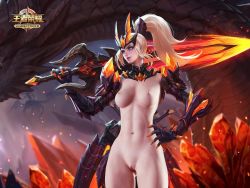 Rule 34 | 1girl, 3d, armor, blonde hair, breasts, devil, hand on own hip, holding, holding sword, holding weapon, huge weapon, nipples, over shoulder, pink eyes, ponytail, pussy, solo, standing, sword, sword over shoulder, tagme, uncensored, wangzhe rongyao, weapon, weapon over shoulder