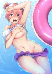 Rule 34 | 00s, 1girl, arm up, armpits, bit (keikou syrup), blush, breasts, covering breasts, covering privates, cowboy shot, hair between eyes, hair bun, highres, innertube, large breasts, looking at viewer, megurine luka, navel, open mouth, pink hair, single hair bun, solo, swim ring, vocaloid, water