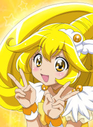 Rule 34 | 1girl, :d, absurdres, anime coloring, blonde hair, blush, choker, cure peace, damascus (dearigazu2001), double v, hair between eyes, highres, kise yayoi, long hair, open mouth, precure, short sleeves, smile, smile precure!, solo, star (symbol), upper body, v, wrist cuffs, yellow background, yellow choker, yellow eyes, yellow theme