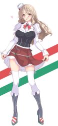 Rule 34 | 1girl, absurdres, blush, bodice, boots, breasts, brown eyes, corset, drunk, full body, grey hair, hair between eyes, hat, highres, italian flag, kantai collection, large breasts, long hair, long sleeves, looking at viewer, mini hat, nitamako (sakamalh), open mouth, pola (kancolle), red skirt, shirt, skirt, smile, solo, thick eyebrows, thighhighs, tilted headwear, wavy hair, white background, white shirt, white thighhighs