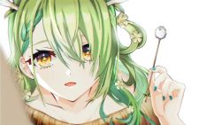 Rule 34 | 1girl, antlers, asmr, braid, branch, brown sweater, ceres fauna, close-up, ear cleaning, flower, green hair, green nails, hair flower, hair ornament, hair over one eye, highres, hololive, hololive english, horns, looking at viewer, mimikaki, nail polish, parted lips, solo, sweater, virtual youtuber, yellow eyes, zerobi