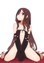 Rule 34 | 1girl, bare shoulders, barefoot, between legs, black gloves, blush, breasts, brown hair, center opening, collarbone, commentary request, earrings, elbow gloves, fate/grand order, fate (series), full body, gloves, hand between legs, head tilt, i.u.y, jewelry, long hair, navel, own hands together, red eyes, revealing clothes, simple background, sitting, small breasts, solo, tareme, v-shaped eyebrows, very long hair, wariza, white background, yu mei-ren (fate)
