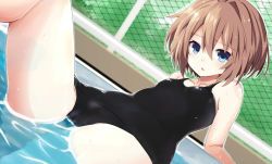 Rule 34 | 1girl, arm behind back, bare shoulders, black one-piece swimsuit, blanc (neptunia), blue eyes, blush, breasts, brown hair, cameltoe, commentary request, cowboy shot, day, hair between eyes, highres, in water, iwashi dorobou -r-, leaning back, leg up, looking at viewer, medium hair, neptune (series), one-piece swimsuit, open mouth, outdoors, partially submerged, pool, poolside, small breasts, solo, spread legs, swimsuit, thighs, wet