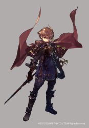 Rule 34 | 1boy, armor, blonde hair, blood, blood on clothes, bloody weapon, boots, broken, broken sword, broken weapon, brown footwear, brown gloves, cape, english text, food, frown, fruit, gloves, grapes, graphite (medium), highres, holding, holding sword, holding weapon, jikan hakushaku, live a live, male focus, pauldrons, plant, red cape, red eyes, scabbard, scratches, sheath, shoulder armor, solo, sword, traditional media, vines, weapon