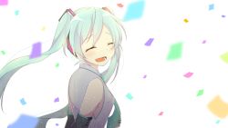Rule 34 | 1girl, aqua hair, aqua necktie, arms behind back, bare shoulders, black sleeves, closed eyes, commentary request, confetti, detached sleeves, facing viewer, from side, grey shirt, hachipuyo, hair ornament, hatsune miku, headphones, highres, long hair, looking at viewer, necktie, shirt, sleeveless, sleeveless shirt, smile, solo, twintails, upper body, very long hair, vocaloid, white background