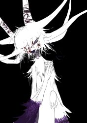 Rule 34 | 1other, black background, blood, colored skin, highres, horns, kamikiririp, monster, open mouth, original, purple eyes, purple wings, solo, white fur, white hair, white horns, white skin, wings