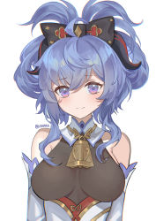 Rule 34 | 1girl, absurdres, ahoge, aihara (aiharaorenji), alternate hairstyle, artist name, bare shoulders, bell, blue hair, blush, borrowed hairstyle, bow, breasts, cinnamoroll, detached sleeves, ganyu (genshin impact), genshin impact, hair bow, highres, horns, looking at viewer, medium breasts, neck bell, no nose, purple eyes, sanrio, short hair, sidelocks, smile, solo, upper body, white background, white sleeves