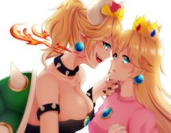 Rule 34 | 2girls, :d, :o, aqua eyes, armlet, bare shoulders, black dress, blonde hair, blue gemstone, bowsette, bracelet, breasts, cleavage, collar, collarbone, commentary request, couple, crown, dress, earrings, fangs, female focus, fire, gem, grabbing another&#039;s chin, hair flaps, hand on another&#039;s chin, hand up, hands up, holding hands, horns, imminent kiss, interlocked fingers, jewelry, large breasts, long hair, looking at viewer, mario (series), medium breasts, monster girl, multiple girls, neck, new super mario bros. u deluxe, nintendo, open mouth, pink dress, pointy ears, ponytail, princess peach, red gemstone, sharp teeth, shell, shiira (nya rl), short hair, simple background, slit pupils, smile, spiked armlet, spiked bracelet, spiked collar, spiked shell, spikes, strapless, strapless dress, super crown, tears, teeth, turtle shell, upper body, white background, white horns, yuri