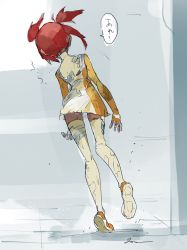 Rule 34 | 1girl, dark-skinned female, dark skin, dress, falling, fingerless gloves, gloves, hair behind ear, highres, leaning to the side, orange dress, orange footwear, orange gloves, red hair, sari sumdac, seikaigetsu, solo, speech bubble, thighhighs, torn clothes, transformers, transformers animated, translation request, two-tone dress, yellow dress, yellow thighhighs