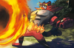 Rule 34 | andou emi, blue sky, bush, clenched teeth, commentary, creature, creatures (company), day, english commentary, fangs, fire, furry, game freak, gen 7 pokemon, grass, incineroar, legs apart, nintendo, official art, outdoors, pokemon, pokemon (creature), pokemon tcg, shadow, sharp teeth, sky, solo, standing, teeth, third-party source