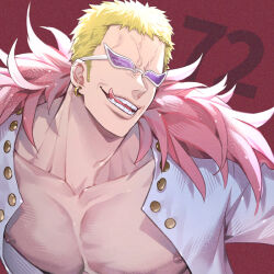 Rule 34 | 1boy, blonde hair, coat, dated commentary, donquixote doflamingo, earrings, fur-trimmed coat, fur trim, jewelry, looking at viewer, male focus, numbered, one piece, open clothes, open shirt, purple-tinted eyewear, red background, simple background, solo, sunglasses, tinted eyewear, tongue, tongue out, upper body, veins, yoshicha