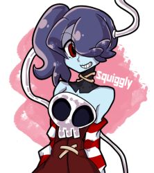 Rule 34 | 1girl, bare shoulders, blue hair, blue skin, colored sclera, colored skin, detached sleeves, hair over one eye, lowres, red eyes, side ponytail, skull, skullgirls, smile, solo, squigly (skullgirls), stitched mouth, stitches, striped, striped sleeves, yellow sclera, zombie