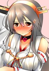 Rule 34 | 10s, 1boy, 1girl, admiral (kancolle), ahoge, arm hug, bad id, bad nicoseiga id, bare shoulders, black hair, blush, breasts, breasts squeezed together, brown eyes, collarbone, full-face blush, hair ornament, hairclip, haruna (kancolle), headgear, heart, heart-shaped pupils, highres, kantai collection, large breasts, long hair, nontraditional miko, pink background, ribbon-trimmed sleeves, ribbon trim, simple background, symbol-shaped pupils, tsukui kachou, upper body