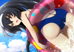 Rule 34 | 1girl, ass, black hair, blue one-piece swimsuit, blush, breasts, brown eyes, butt crack, female focus, girls und panzer, highres, innertube, long hair, looking at viewer, looking back, one-piece swimsuit, open mouth, outdoors, reizei mako, shiina excel, sideboob, small breasts, solo, swim ring, swimsuit, thighs