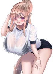 Rule 34 | 1girl, absurdres, amemiya arikapu, arm up, blonde hair, blush, bra visible through clothes, breasts, buruma, commentary request, exercising, exhausted, gym uniform, hand on own forehead, hand on own thigh, highres, hot, huge breasts, leaning forward, long bangs, looking at viewer, open mouth, original, pink eyes, ponytail, see-through, shirt, sidelocks, simple background, sportswear, sweaty clothes, wet, wet clothes, wet shirt, white background