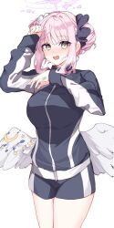 Rule 34 | 1girl, angel wings, black jacket, black shorts, blue archive, blush, cowboy shot, crescent, crescent pin, feathered wings, gym shorts, gym uniform, halo, highres, jacket, looking at viewer, mika (blue archive), open mouth, pink hair, pink halo, sb (akagikeai), short hair, shorts, simple background, solo, track jacket, white background, white wings, wings, yellow eyes