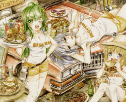 3girls bacon bottle breasts car cleavage cup drinking_glass egg english_text food hooters ketchup_bottle kochiya_sanae large_breasts logo long_hair looking_at_food looking_at_object looking_at_viewer lying master_(4th) moriya_suwako motor_vehicle multiple_girls on_back one_eye_closed open_mouth orange_shorts plate shorts sitting table tile_floor tiles touhou tray waitress wooden_table yasaka_kanako