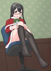 Rule 34 | 1girl, :o, aqua eyes, black hair, black pantyhose, blush, bow, bowtie, brown hairband, capelet, dress, feet, from below, full body, fur-trimmed capelet, fur-trimmed dress, fur trim, geometrie, glasses, green bow, green bowtie, hairband, highres, kantai collection, legs, long hair, looking at viewer, no shoes, official alternate costume, ooyodo (kancolle), panties, pantyhose, pantyshot, red capelet, red dress, santa costume, sitting, solo, swivel chair, toes, underwear
