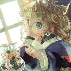 Rule 34 | 1girl, blue eyes, braid, brown eyes, cafe artful, candy, character request, chocolate, chocolate heart, earrings, eternal heroes, expressionless, food, freckles, gift, glasses, hat, hayasaka, head rest, heart, jewelry, rance (series), rance quest, solo