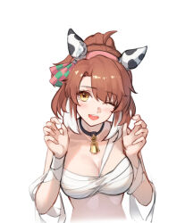 1girl ;d baek_hyang bandages bandeau bell black_choker breasts brown_hair chest_sarashi choker cleavage dantsu_flame_(umamusume) hairband hands_up head_tilt highres large_breasts looking_at_viewer midriff mummy_costume neck_bell one_eye_closed open_mouth pink_hairband sarashi short_hair simple_background smile solo umamusume upper_body white_background