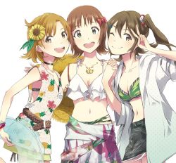 Rule 34 | 3girls, :d, ;), amami haruka, arm grab, bikini, bikini top only, bikini under clothes, black choker, black skirt, bow, bracelet, breasts, brown eyes, brown hair, choker, cleavage, collarbone, dress, floral print, flower, girl sandwich, green bikini, green eyes, hair bow, hair flower, hair ornament, hairclip, hand on another&#039;s back, hat, holding, holding weapon, idolmaster, idolmaster (classic), idolmaster million live!, innertube, jacket, jewelry, kasuga mirai, looking at viewer, midriff, multiple girls, navel, one eye closed, one side up, open mouth, pendant, pineapple print, print dress, red bow, round teeth, sandwiched, sarong, scrunchie, simple background, skirt, small breasts, smile, straw hat, striped, striped bow, sun hat, sunflower, swim ring, swimsuit, teeth, unworn hat, unworn headwear, upper teeth only, v, weapon, white background, white bikini, yabuki kana, yellow eyes, yoshito